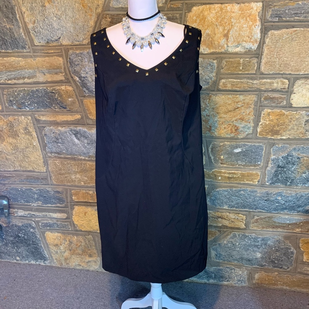 Black dress LBD 16W studs Sheath work holiday just below the knee